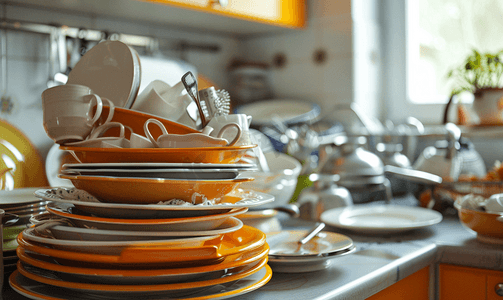 五一大特惠摄影照片_厨房水槽和台面上有一大堆未洗的盘子