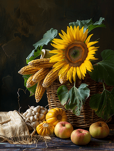 水果画摄影照片_静物画与蔬菜水果向日葵和玉米穗自然图片