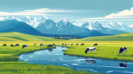 奶牛走路背景图片_草地小溪奶牛合成创意素材背景