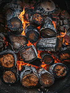 火炉壁炉摄影照片_壁炉里的灰煤和燃烧的木柴