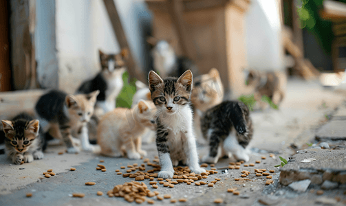 流浪小猫吃食物房子附近有很多猫