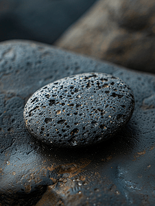 玄武岩摄影照片_深色背景中的多孔玄武岩石头小卵石