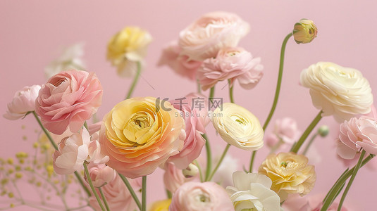 柔和粉红色和黄色的花朵毛茛背景