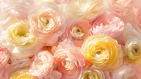 柔和粉红色和黄色的花朵毛茛图片