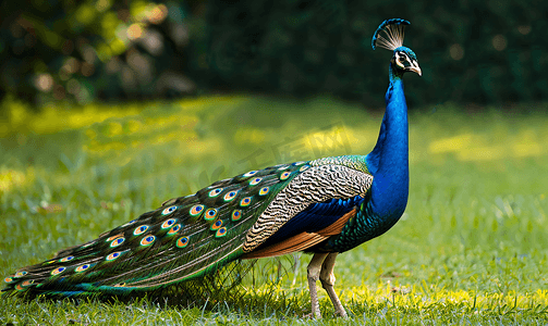 鸟孔雀昂首阔步穿过绿色的草地优雅的鸟色彩绚丽