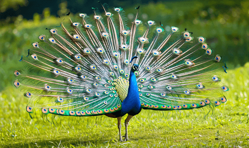 色彩优雅摄影照片_鸟孔雀昂首阔步穿过绿色的草地优雅的鸟色彩绚丽
