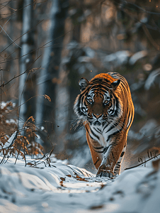 西伯利亚虎偷偷穿过森林
