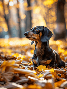 阳光明媚的日子秋季公园落叶中腊肠狗的肖像