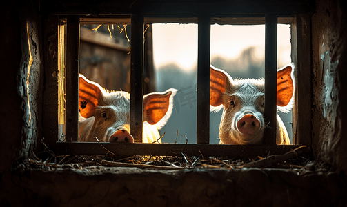 猪鼻子摄影照片_家中谷仓里的两只猪透过栅栏往外看