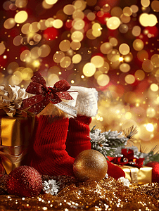 红色金色节日摄影照片_圣诞红色和金色背景配有球弓、圣诞袜和礼物