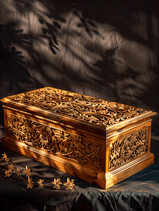 黑色背景中突显传统艺术雕刻的木棺