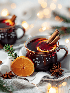 冬天来临摄影照片_圣诞热酒配橙子和香料圣诞装饰品散景