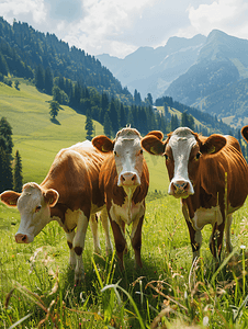 奶牛养殖摄影照片_瑞士阿尔卑斯山草地上的奶牛