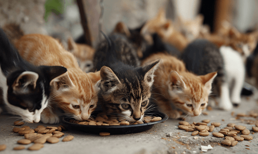 喂养小猫摄影照片_流浪小猫吃食物房子附近有很多猫