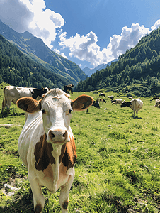瑞士阿尔卑斯山草地上的奶牛