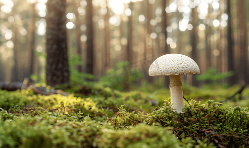 发光苔藓摄影照片_单独站立在森林地面苔藓松树上的白色蘑菇