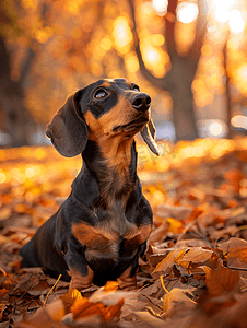 黄色秋季背景摄影照片_阳光明媚的日子秋季公园落叶中腊肠狗的肖像