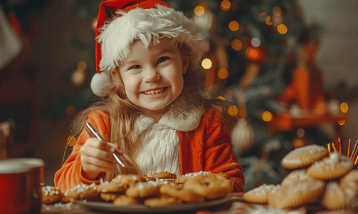 孩子向圣诞老人提供饼干并写圣诞愿望清单