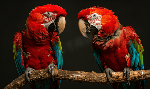 树枝上两只红金刚鹦鹉的肖像鹦鹉鸟是濒临灭绝的物种