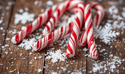 复古假期摄影照片_圣诞礼物糖果棒和雪花在木质质朴的复古背景上