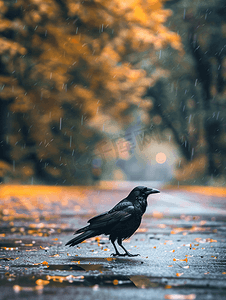 一只乌鸦沿着雨路行走