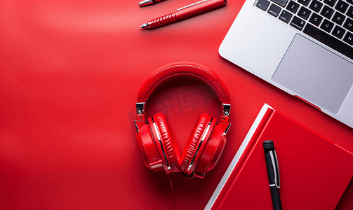 音乐背景摄影照片_红色背景工作场所横幅上的顶视图开放音乐书耳机笔和笔记本电脑