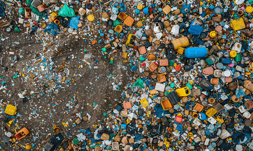 虎鲸俯视图摄影照片_空中俯视大型垃圾堆垃圾场或垃圾填埋场的垃圾堆