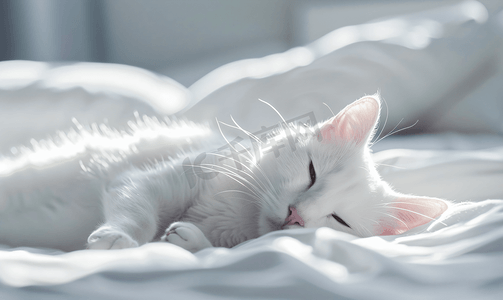白猫躺在床上看起来放松猫