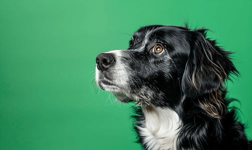 绿色背景上美丽的黑白长毛狗的肖像