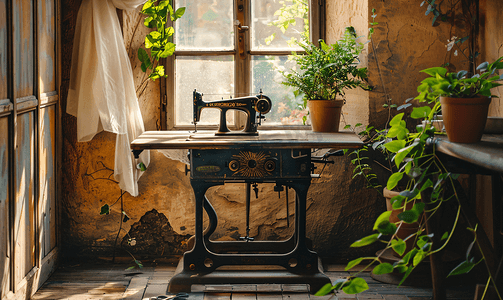 一栋乡村房屋的窗户旁边立着一台带桌子的老式机械缝纫机。