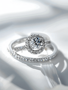 周年庆年会摄影照片_在白色的钻石结婚戒指
