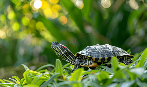池塘卡通摄影照片_公园里的红耳龟
