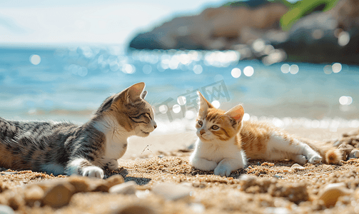 小猫跳跃摄影照片_两只猫夏天在海滩上玩耍