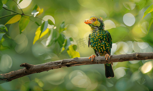 色绿摄影照片_树林中的线斑拟啄木鸟
