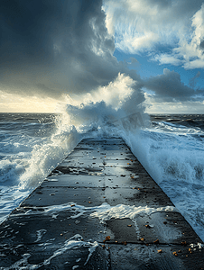 冲击海浪摄影照片_海冬季海浪冲击防波堤暴风雨云