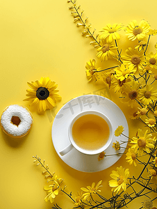 黄花盘上的一杯茶和甜甜圈茶歇复制空间和平躺