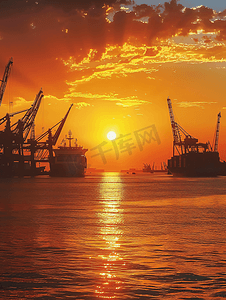 日落时港口船舶和起重机的景观