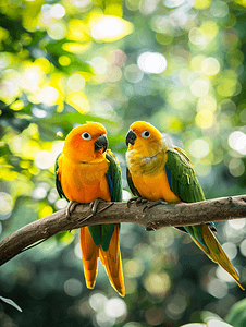 小太阳png摄影照片_太阳角鹦鹉黄色和绿色坐在树上早午餐有复制空间