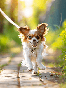 散步摄影照片_夏日里巴比龙小狗在公园散步
