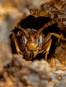 巢中棕色黄蜂的微距拍摄选择性聚焦微距摄影