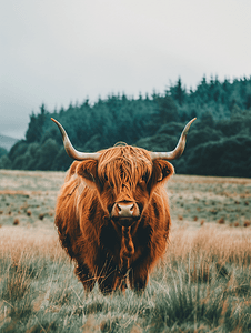 有角的牛摄影照片_苏格兰高地牛在绿草上