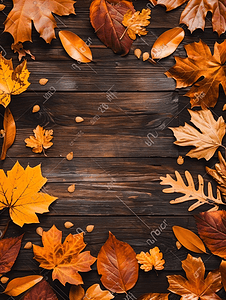 深色木桌上有秋叶的框架边框