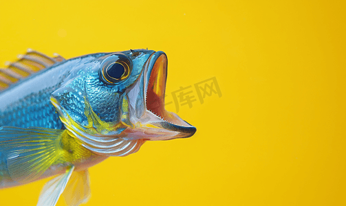 创意鱼缸摄影照片_尖叫鱼的创意组合是黄色背景上的简约概念