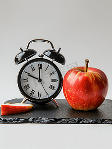 白色背景石板上的闹钟和苹果概念时间吃零食