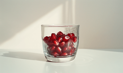 白色背景玻璃杯中的红石榴籽