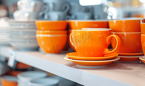 厨具清洁摄影照片_白色架子上摆放着亮橙色的杯子店里有干净的订购餐具
