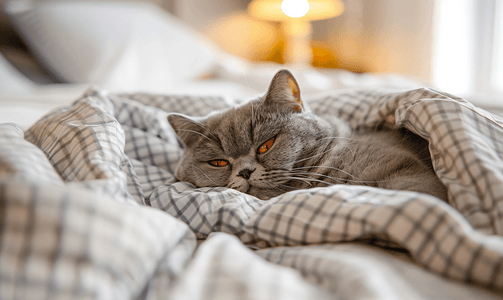 搞笑动图gif摄影照片_可爱的灰色英国短毛猫躺在床上有趣的宠物舒服地安顿下来睡觉