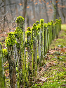木栅栏摄影照片_森林公园苔藓中非常古老的木栅栏长满青苔的旧木栅栏
