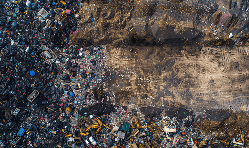 外墙logo摄影照片_空中俯视大型垃圾堆垃圾场或垃圾填埋场的垃圾堆