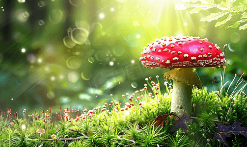肝炎日主题摄影照片_以森林中大型美丽毒蘑菇为主题的摄影